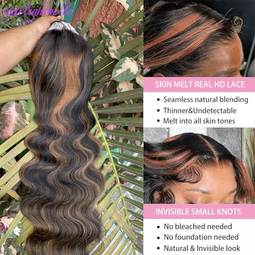 Put On and Go Wig Blended Hair Body Wave 1b/30 Highlight Ombre Lace Front Wig 13X4 T-Part Synthetic Hair 220% Density HD Transparent Pre Plucked 32 Inch