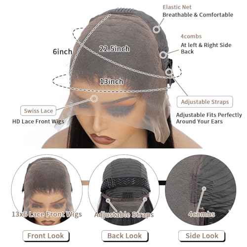 13x6 Lace Front Wigs Human Hair Pre Plucked 200 Density Straight Glueless Wigs with Baby Hair for Women Natural Black 20inch