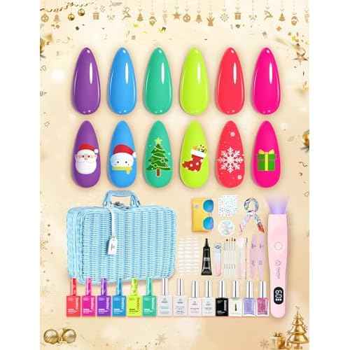 Beetles Christmas Gel Nail Polish Set with Mini LED Nail Lamp Purple Red Green Yellow Gel Polish with Base Top Coat Nail Art Brushes Salon DIY Gift Basket for Women