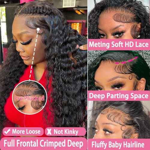 250 Density Deep Wave Lace Front Wigs Human Hair Curly Wig Wet and Wavy Lace Front Wigs Pre Plucked Frontal Wigs 22 Inch 100% Real Human Hair No Synthetic No Tangle No Shedding Triple Lifespan 3X