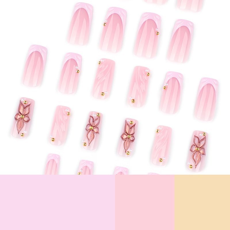 Gold Flower Press-On Nails - Medium Square French Tip with Pink Glossy Finish | 24 Pcs Acrylic Coffin Nails