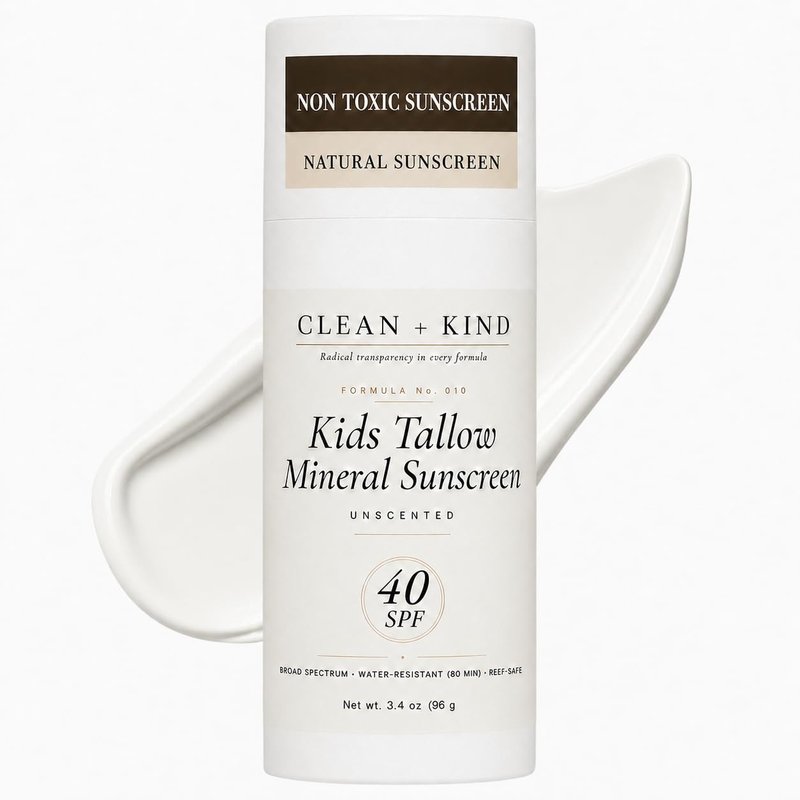 Clean + Kind Kids Sunscreen Mineral SPF 40 — Non Toxic Baby & Toddler Sunblock with Non-Nano Zinc Oxide, Grass-Fed Tallow, Natural Reef-Safe Sun Lotion, No White Cast for Sensitive Skin (3.4 oz)