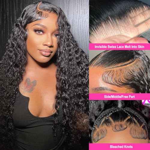 13X6 Deep Wave Wigs Human Hair Lace Front Wigs for Women 180% Density Deep Curly Human Hair Wig Pre Plcked Deep Wave Frontal Wig with Baby Hair (16 Inch)