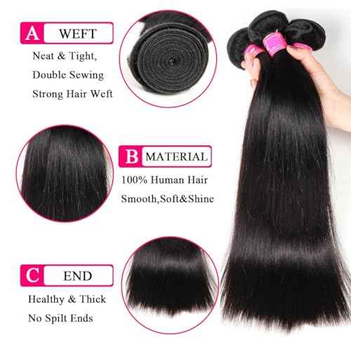 12A Human Hair Bundles Straight 100% Unprocessed Brazilian Virgin Hair Weave 4 Bundles Silky Black Hair for Black Women 12 14 16 18 Inch