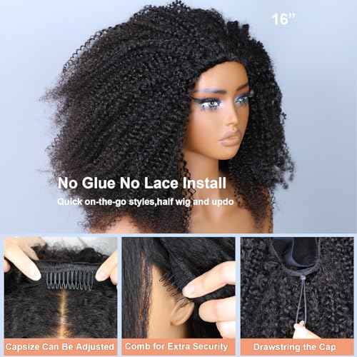 Domiso Afro Kinky Curly Half Wig with Drawstring Human Hair Wigs 3 In 1 Flip Over Half Wig Glueless Wig Elastic Band Clip in Human Hair Black Color Short Bob Wig14 Inch