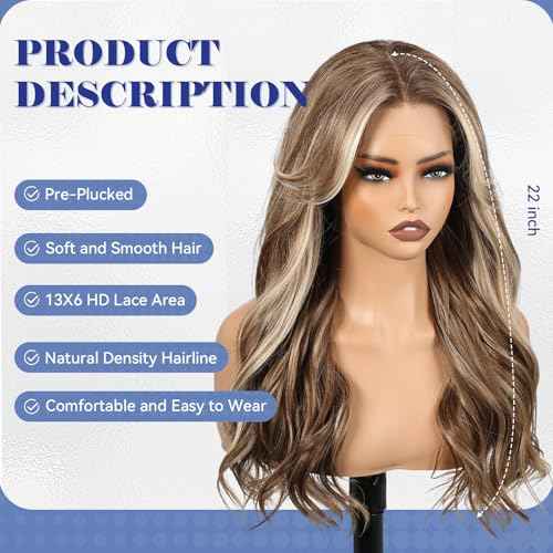 HAIRCUBE 13x6 HD Lace Front Wig Synthetic 22 Inch Brown Highlight Long Wave Layered Glueless Wig for Women, Natural Look Daily Wear
