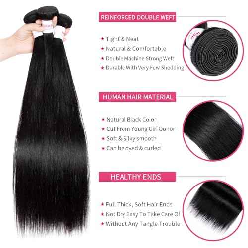 12A Straight Bundles Human Hair 16 16 16 Inch 100% Unprocessed Brazilian Virgin Hair Bundles Straight Hair 3 Bundles Weave Bundles Human Hair Extension