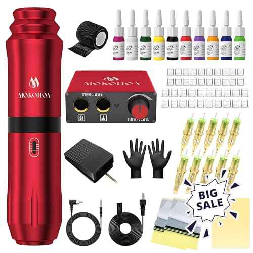 Tattoo Gun Kit Complete Tattoo Kit, Tattoo Machine Kit for Beginners, Rotary Tattoo Pen Kit,10 Pro Tattoo Cartridge Needles,10 Ink Color Set for Tattoo Supplies (Red)