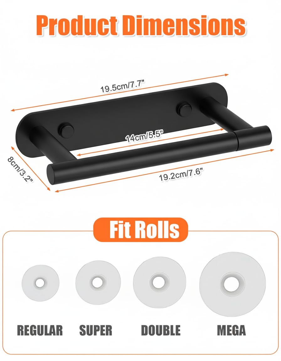 YUET Toilet Roll Holder, Self Adhesive or Screw in Wall Mounted Options, Double Post Pivoting Tissue Roll Holder, Stainless Steel Rustproof Stick On No Drilling Wall Mount for Bathroom, Matte Black