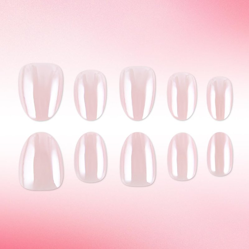 32Pcs Short Almond Press-On Nails - Glossy Nude Pink Acrylic Full Cover | Easy Application