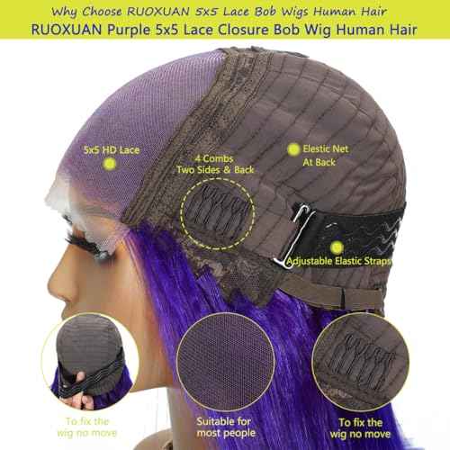Purple Short Straight Gluess Bob Wig Human Hair Pre Plucked Pre Cut 5x5 HD Transparent Lace Front Wigs Human Hair 180% Density Straight Lace Closure Wigs Purple Short Bob 8 Inch