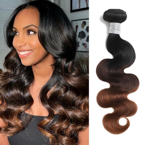 Chestnut Brown Ombre Color T1B/2/30 Human Hair Body Wave Single Bundle, Thick 12A Brown 3 Tone Ombre Bundles With Dark Roots 100% Remy Hair Wavy Sew In Quick Weave Keep Soft after Washes 12 IN