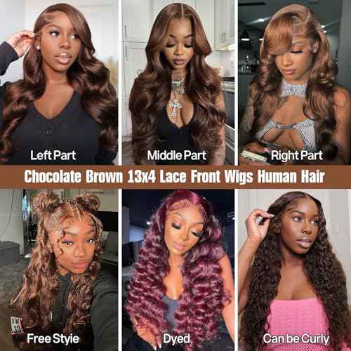 24 Inch Chocolate Brown Human Hair Wig 200 Density Body Wave Lace Front Wigs Human Hair Pre Plucked 13X4 HD Frontal Wig 4# Colored Brown Wig For Women Glueless Wigs