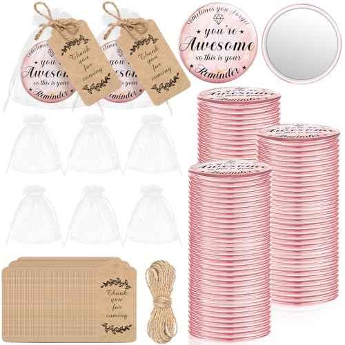 Tradder 100 Sets 2.76 Inch Inspirational Compact Mirrors Bulk Small Purse Pocket Makeup Pink Mirrors Quinceanera Party Gifts Christmas Employee Appreciation Gifts Set for Women Coworker (Awesome)