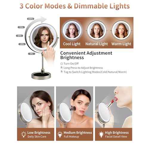 9" Lighted Makeup Mirror,1X/10X Magnifying Vanity Mirror with Height & Brightness Adjustable,Rechargable Makeup Mirror,360¡ÆRotation Double Sided Standing Desk Mirror (Satin Nickel)