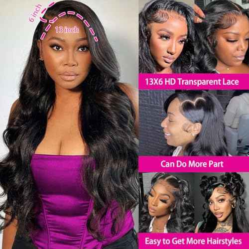 13x6 Body Wave Wigs for Women 220% Density Lace Frontal Wig Human Hair Pre Plucked Body Wave Glueless Lace Front Wig Human Hair Natural Color Wigs (18inch)