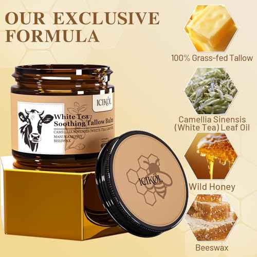 Organic Beef Tallow Honey Balm, Handmade Moisturizer Beef Tallow for Face and Body, Grass Fed Beef Tallow for Dry Skin, Pure Natural Cream with White Tea Scent, 2.1oz