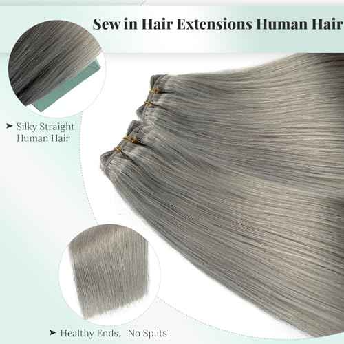 Grey Real Human Hair Extensions Sew in Bundles Double Weft Silver Sew in Hair Extensions Real Human Hair Wefts 20 Inch 100G Thick and Full Gray Remy Hair Bundles for Length/Volume