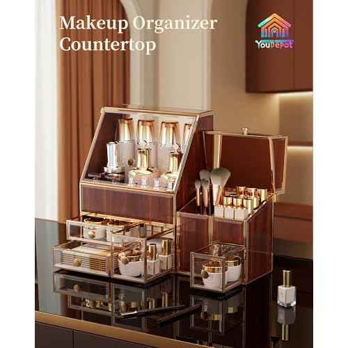 Glass Makeup Storage for Vanity and Bathroom Countertop ? Large Cosmetic Display Case and Skincare Storage Solution