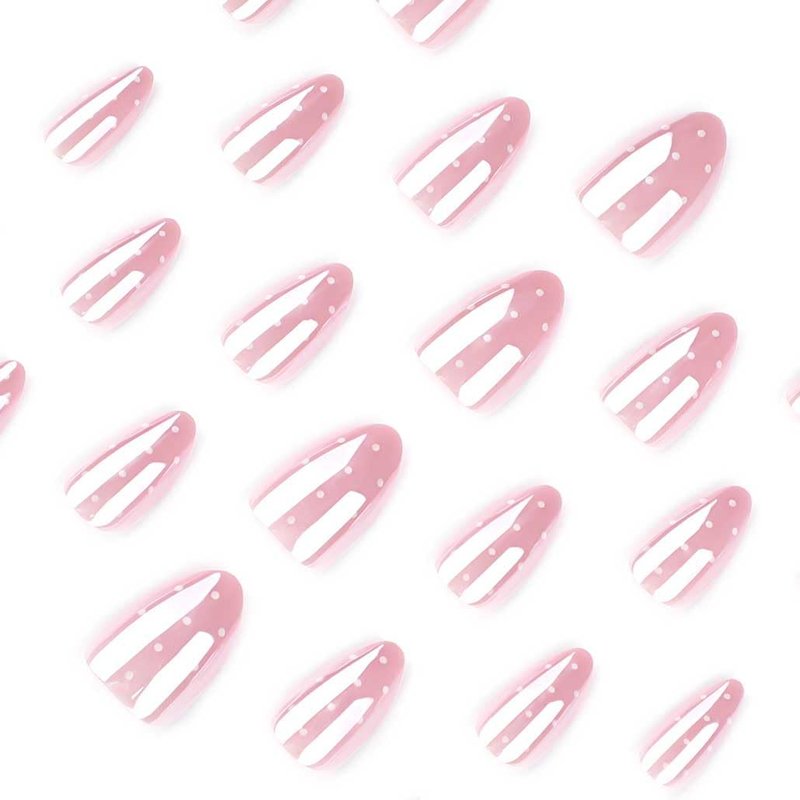 Foccna Press on Nails Pink Short Polka Dots Fake Nails Almond Acrylic False Nails,Artificial Nails for Girls 24pcs