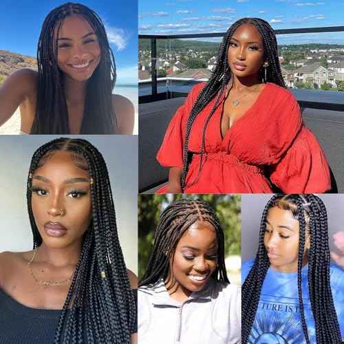 SUPERNOVA 36 Inch Knotless Box Braided Wigs With Baby Hair For Black Women Square Synthetic Hair 13x7 Lace Front Braided Wig And Half Back Double Lace Boho Braids Wig
