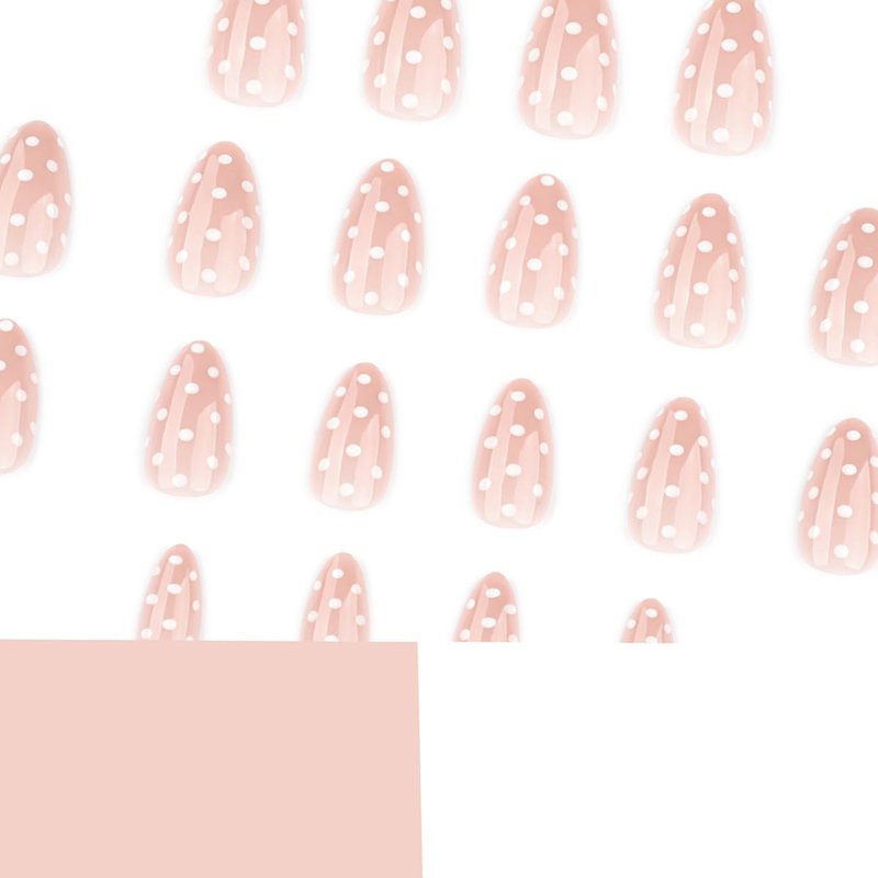 Polka Dot Press-On Nails - Short Almond Fake Nails with White Dots | Glossy Finish | 30 Pcs Set