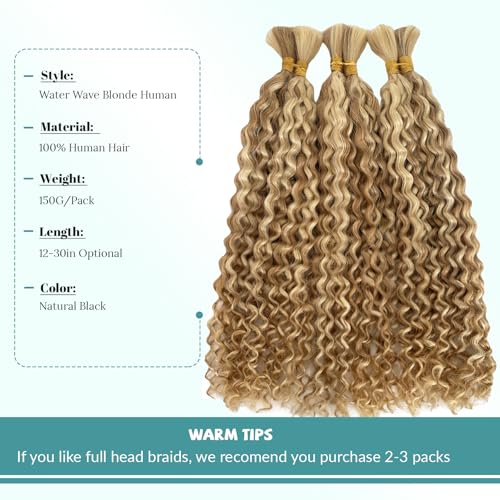 Water Wave Bulk Human Braiding Hair 3 Bundles 150g 20 Inch Highlight Honey Blonde Bohemian Braiding Hair for Boho Braids No Weft 100% Brazilian Virgin Hair