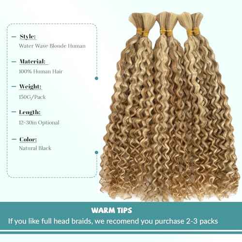 Human Braiding Hair for Boho Braids Virgin Human Hair 3 Bundles 150g Water Wave Bulk Human Hair for Braiding Honey Blonde Curly No Weft Hair Extensions for Bohemian Braids 26 inch
