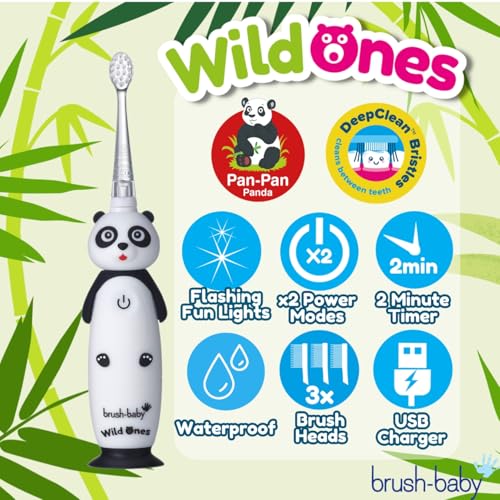 BrushBaby - WildOnes - Kids Rechargeable Electric Toothbrush, Ages 0-10 - Pan-Pan Panda Design with Flashing Lights - DeepClean Bristles for Superior Cleaning - 2 Replacement Brush Heads, 1 USB Cable