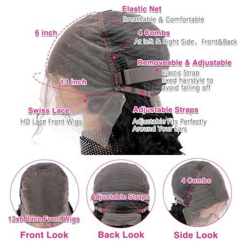 Bob Wig Human Hair 13x6 Deep Wave HD Lace Front Wigs Human Hair 250% Density Bob Curly Lace Frontal Wigs Brazilian Virgin Human Hair Wigs Pre Plucked with Baby Hair (Natural Color,8Inch)
