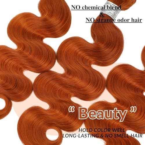 12A Ginger Bundles With Closure Body Wave Human Hair, Soft And Shed-Free Colored #350 Copper Orange 3 Bundles Human Virgin Hair With 4x4 HD Lace Closure Pre Plucked 10 12 14+10 IN Wavy Weave