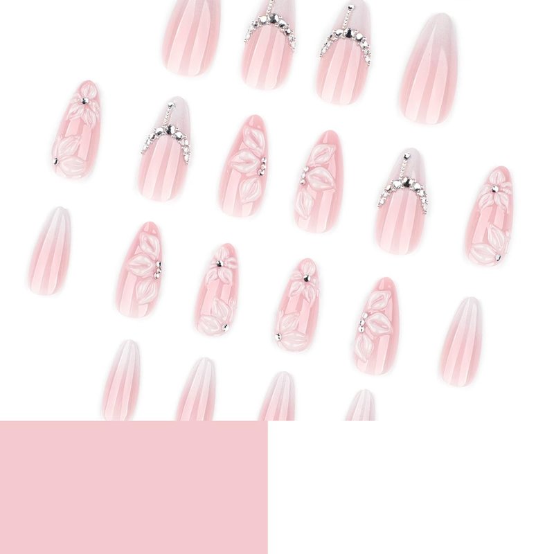 24Pcs 3D Flower Press on Nails Medium Almond Fake Nails Flowers Rhinestones Glitter Designs Full Cover White French Tip Stick on Nails Spring Summer False Nails for Women Acrylic Artificial Manicure