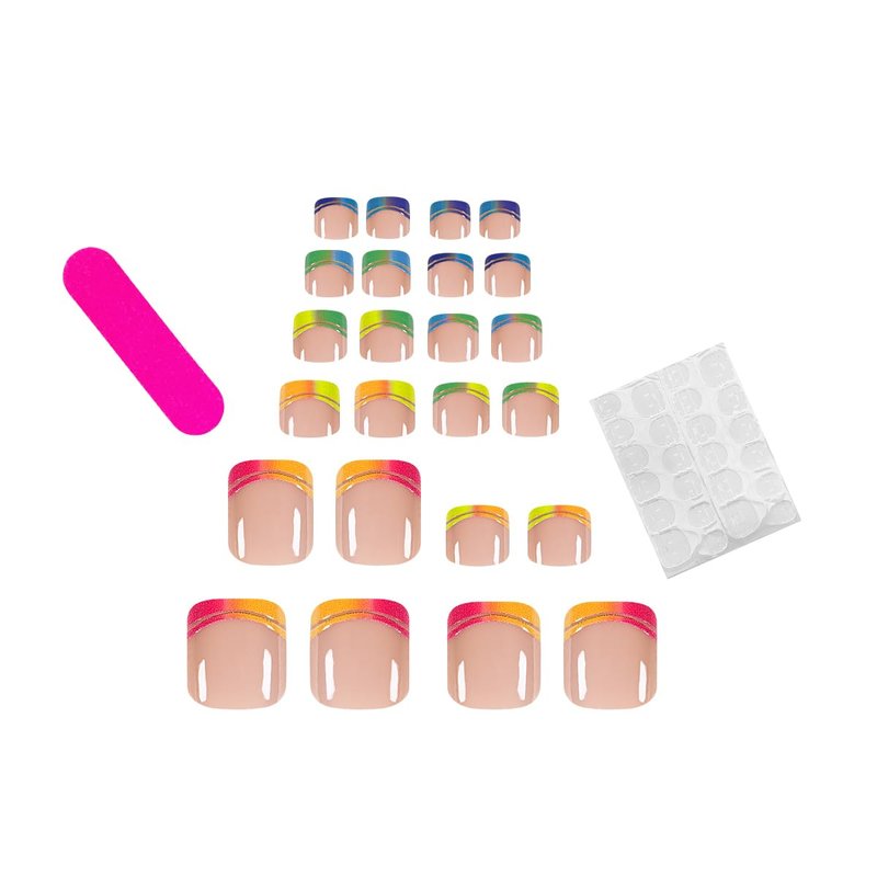Skiennix 24Pcs French Toe Nail Press-Ons | Pink Short Square Fake Toenails with Colorful Tips