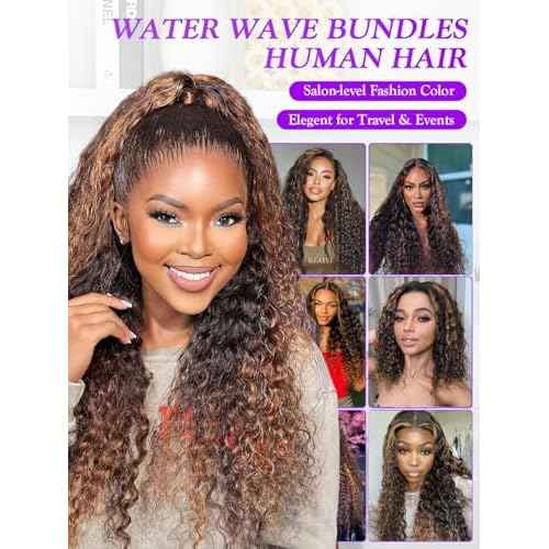 Water Wave Curly 1b/30 Human Hair Bundles 22 Inch - Brown Highlight and Black Balayage Bundles Wet and Wavy Sew In Weave, 12A Glossy 100% Unprocessed Brazilian Raw Virgin Hair, P1b/30 Color, Single