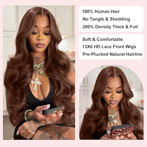 200 Density Chocolate Brown Human Hair Wig 13x6 Hd Lace Front Body Wave Wigs Human Hair Pre Plucked 4# Brown Wigs Human Hair 12 Inch for Women