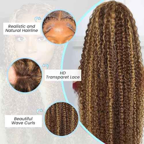 Highlight Ombre 13x6 Lace Front Wig Human Hair 210 Density 26 Inch Deep Wave Honey Blonde Glueless HD Transparent Lace Frontal Wigs for Women