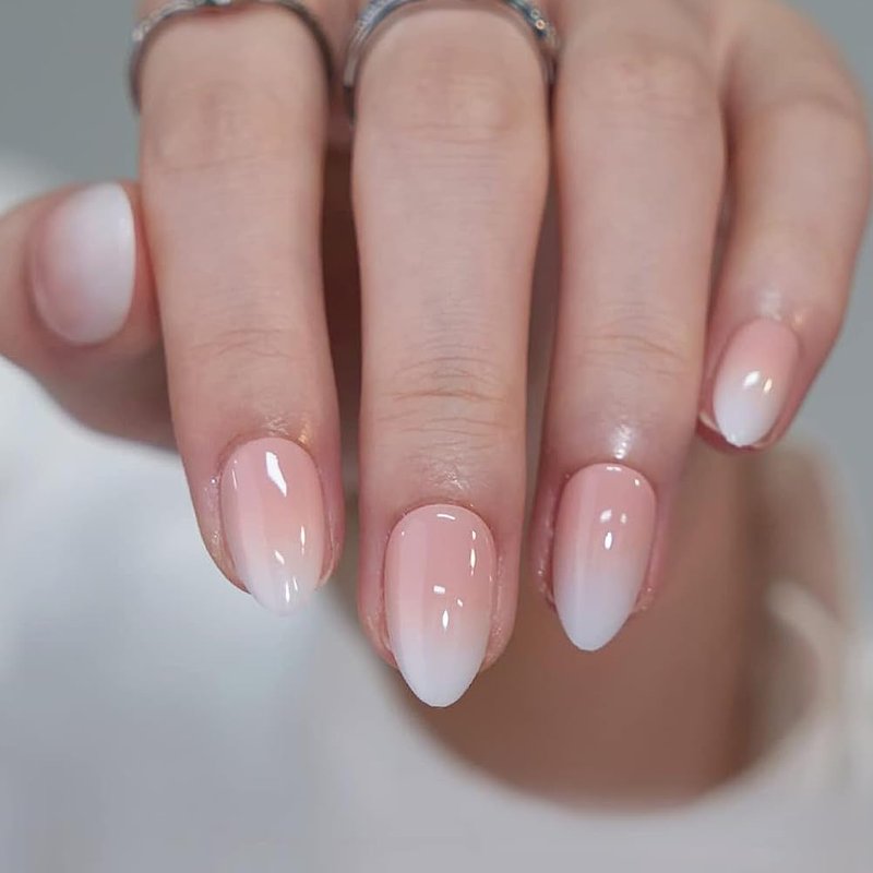 Nude Pink Press On Nails Short Almond White French-Style Gradient Stick On Nails Glossy Reusable Nail 24Pcs Fake Nails Kit Artificial Full Cover Stick on Nail for Women Girls Manicure