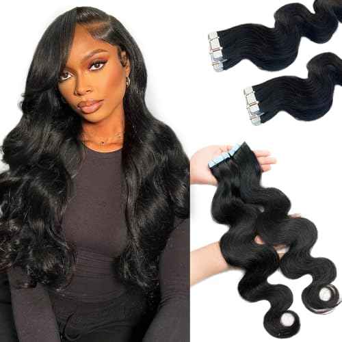 Licoville Body Wave Tape in Hair Extensions, Upgraded 100G 40PCS Body Wave Human Hair Tape ins for Black Women Skin Weft Soft Natural Black Curly Tape in Extensions Real Human Hair 18 Inch