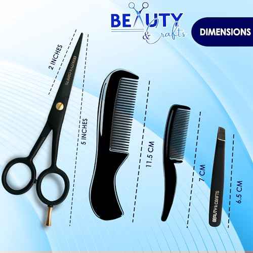 5'' Professional German Beard Scissors for Men- 2 Mustache Combs for Facial Hair with Beautiful Pouch & Tweezer - Mustache Scissors for Men Grooming, Cutting, Styling-Mustache Trimmer