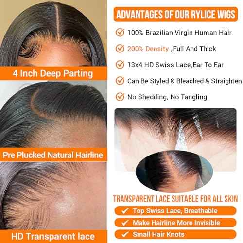 13x4 HD Lace Front Wigs Human Hair 26 Inch Natural Black Body Wave Human Hair Wig 200 Density 12A Glueless Wigs Lace Front Wigs Pre Plucked Glueless Frontal Wig for Women