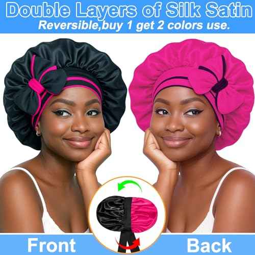 Atgdluk¢ç Reversible Silk Bonnet for Sleeping Women - Double Layer & Color Satin Bonnet, Adjustable Hair Cap for Curly & Textured Hair (Rose Red & Black)