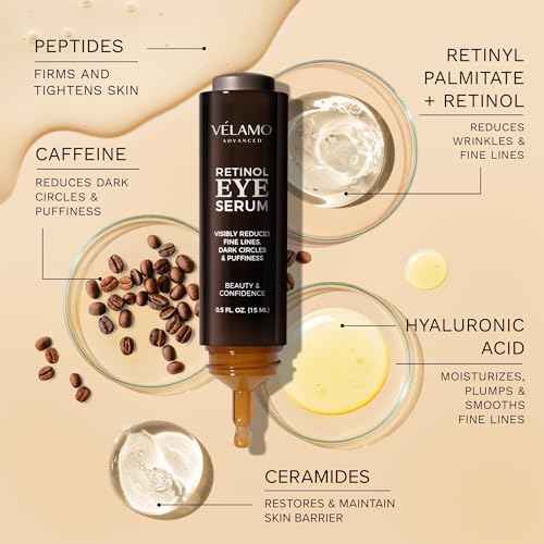 Retinol Eye Cream Anti Aging: Under Eye Cream for Dark Circles Puffiness Eye Bags - Help Reduce Appearance of Wrinkles Fine Lines - with Caffeine Peptides Hyaluronic Acid Ceramides 0.5 FL OZ/15mL