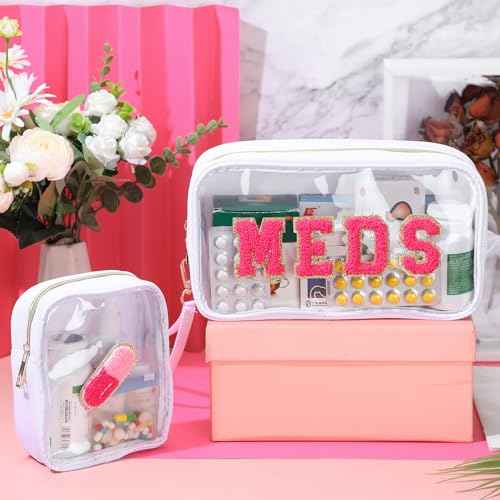 Hillban 2 Pcs Medicine Chenille Letter Bag Preppy Clear Nylon Portable Makeup Meds Cases for Travel PVC Transparent Mini First Aid Storage Bag Gift for Christmas Women(Adorable)