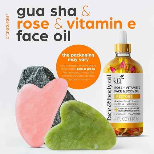 ArtNaturals Face & Body Vitamin E Bio Oil 4.0oz + Gua Sha Facial Tools Set - Organic Moisturizer Skincare for Scars, Stretch Mark, Cellulite & Nails - Great Massage oil for Massaging Joint & Muscle