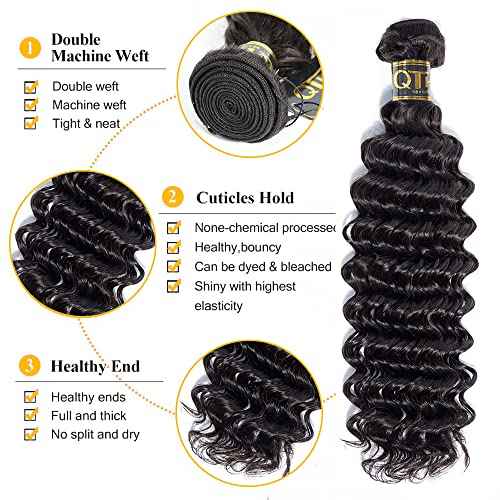 QTHAIR Brazilian Deep Wave Human Hair Bundles 16A Grade Brazilian Virgin Human Hair 10 1214 Inch 100% Virgin Unprocessed Deep Wave Bundles 300g Total Natural Black #1B