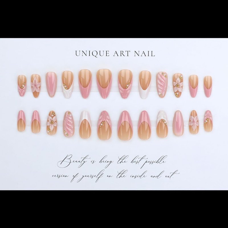 Skiennix 24Pcs Pink Flower Press-On Nails - Short Almond French Tip with 3D Floral Design & Gold Beads