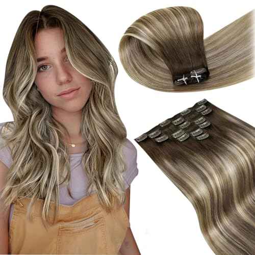 LaaVoo Human Hair Clip in Extensions Brown Real Hair Extensions Clip in Human Hair Dark Brown to Light Brown with Blonde Balayage Hair Extensions Clip ins Long Straight 20 Inch 120g 7pcs