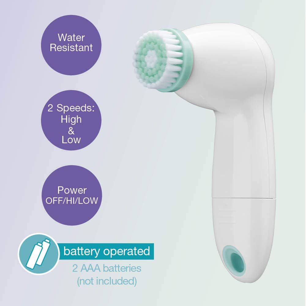 True Glow by Conair Battery Operated Facial Cleansing Brush, Sonic Face Scrubber with 3 Brush Heads, Waterproof Skin Care Tool, Model FCB6