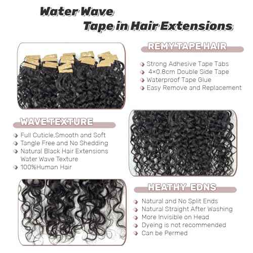 Water Wave Tape in Hair Extensions Human Hair, Natural Black Hair Extensions Real Remy Human Hair Tape ins for Black Women, 20 Inch 100g/pack 40pcs Double Sided Invisible Tape Hair Extension
