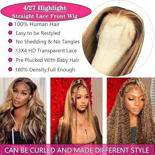 Cypha Ombre Lace Front Wig Human Hair Highlight 13x4 HD Straight Lace Front Wigs 180% Density 4/27 Colored Honey Blonde HD Lace Frontal Wigs For Women Glueless Pre Plucked with Baby Hair 24inch